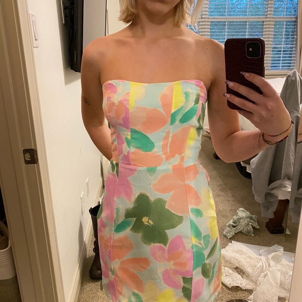 Stradivarius Pink Orange Strapless Sheath Mini Dress